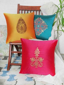 Zeba World - ZEBA Cushion Cover Cotton Aari with Hand Embroidery and Border Floral Multicolor (Pack of 3) (16x16 inches)