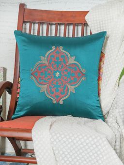 Zeba World - ZEBA Cushion Cover for Sofa Bed - Polyester - Motif Embroidery - Teal (16x16 inches)