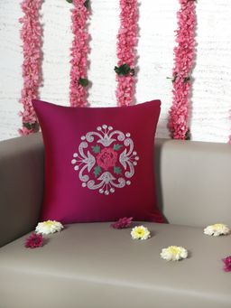 Zeba World - ZEBA Cushion Cover for Sofa Bed Polyester Floral Embroidery - Pink (16x16 inches)