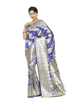 Banarasi Silk Works - Blue Mughal Motif Satin Saree with Unstitched Blouse