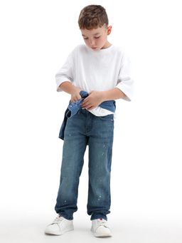 RARE ONES - Boys Dark Blue Paint Splatter Detail Relaxed Fit Mid Rise Jeans