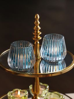 Pure Home + Living - Blue Glass Ribbed Tealight Holders (Set Of 2) (S)