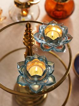 Pure Home + Living - Teal Glass Lotus Shaped Tealight Holders (Set Of 2)