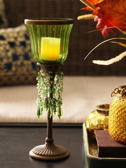 Pure Home + Living - Green Hurricane Candle Holder with Stand & Hanging Crystals