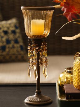 Pure Home + Living - Amber Hurricane Candle Holder with Stand & Hanging Crystals (S)