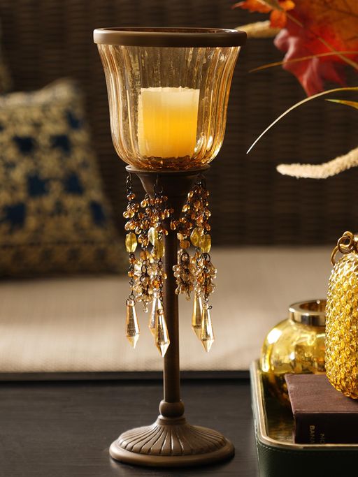 Pure Home + Living Amber Hurricane Candle Holder with Stand & Hanging Crystals (S)