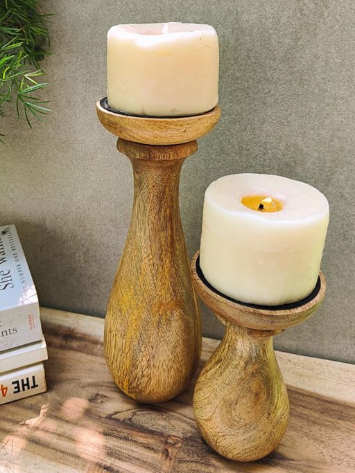 Akira Furnishings Brown Mango Wood Candle Stand (Set Of 2)