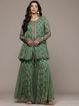 Ritu Kumar - Green Anantam Print Full Sleeve Kurti with Sharara