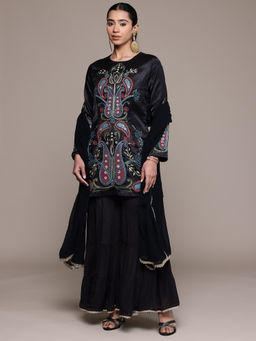 Ritu Kumar - Black Full Sleeves Solid Kurti with Sharara and Dupatta