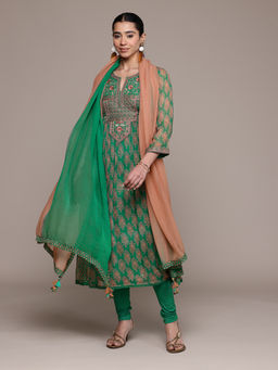 Ritu Kumar - Green Anantam Print Anarkali Kurta with Leggings and Dupatta