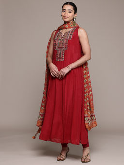 Ritu Kumar - Red Achhara Solid Kurta with Leggings and Dupatta