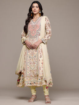 Ritu Kumar - Cream Kantha Art Kurta With Leggings And Dupatta
