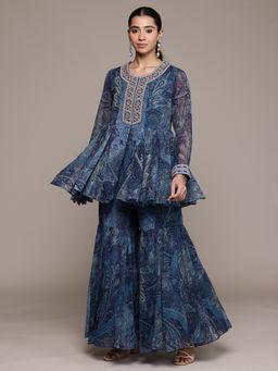 Ritu Kumar - Blue Paisley Full Sleeve Kurti with Sharara