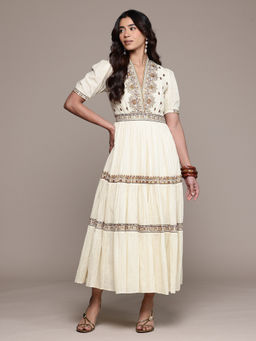 Ritu Kumar - Off White Lara Embroidery Half Sleeves Long Dress