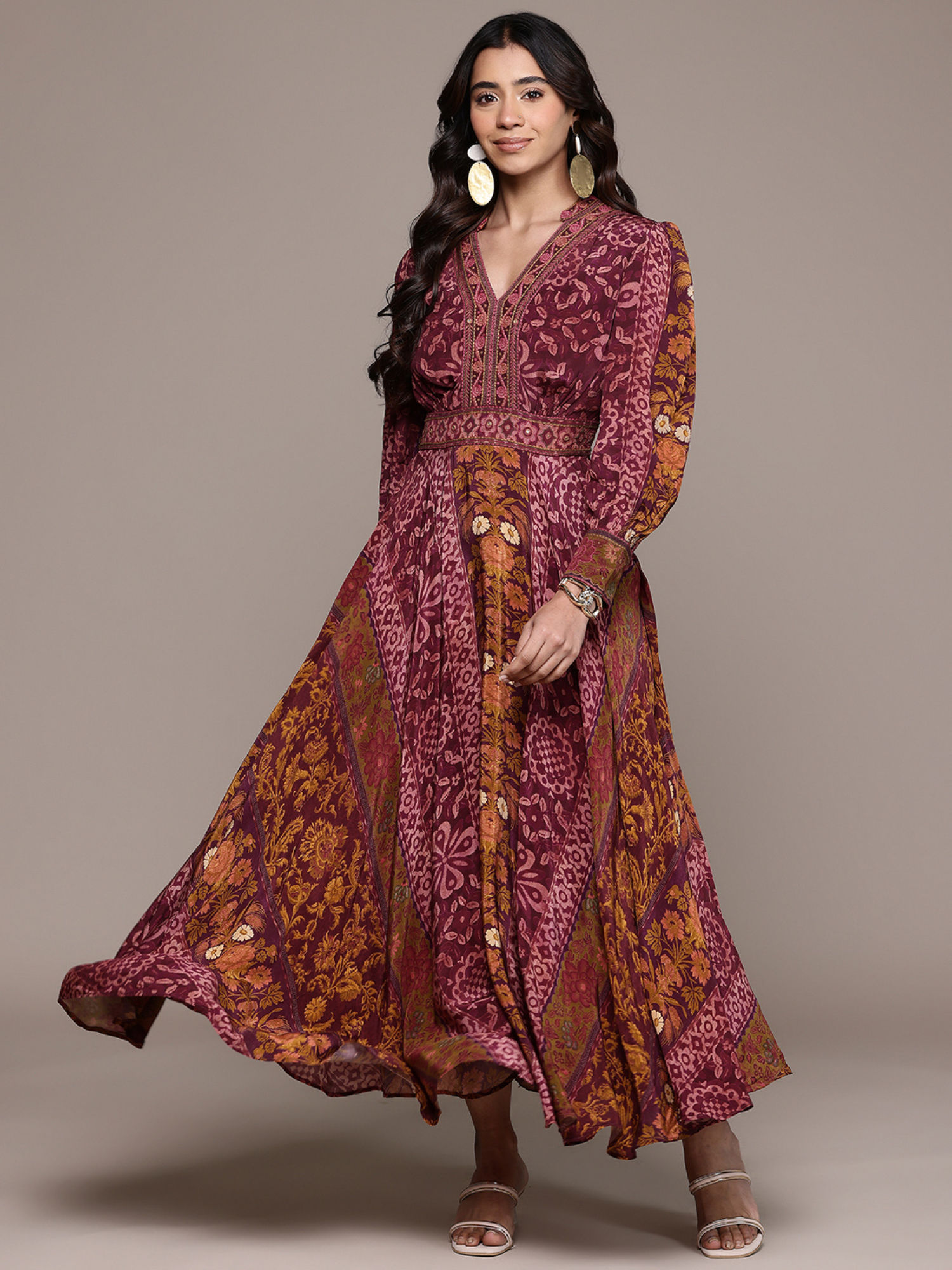 Wine Jacasta Patch Print Fit And Flare Full Sleeve Dress-image-40