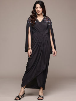 Ritu Kumar - Black Lior Fit And Flare Open Sleeve Dress