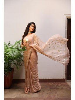 THREADS and BLOCKS - Dusty Beige Cocktail Jaal Saree with Unstitched Blouse