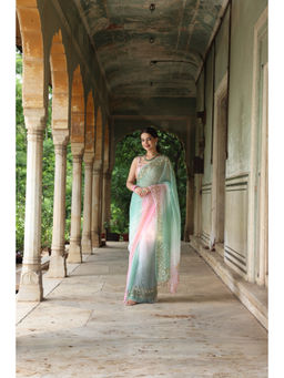THREADS and BLOCKS - Pink Green Sequin Jaali Border Saree with Unstitched Blouse