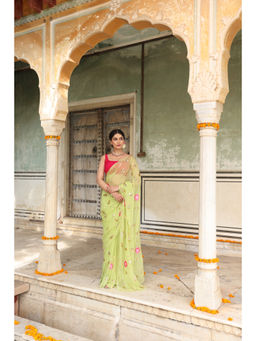 THREADS and BLOCKS - Mehendi Green Sequin Rose Jaal Saree with Unstitched Blouse