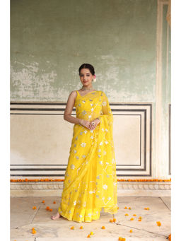 THREADS and BLOCKS - Yellow Kachi Patti Gota Jaal Saree with Unstitched Blouse