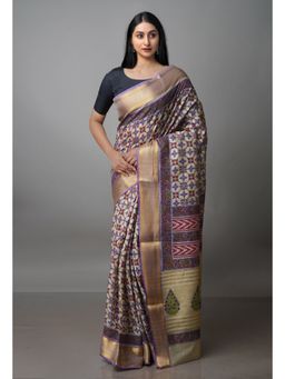 Unnati Silks - Beige Pure Handloom Bengal Tusshar Silk Saree with Unstitched Blouse