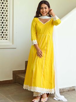 Lavanya The Label - Yellow Cotton Anarkali (Set of 3)