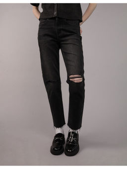 American Eagle - Women Black Stretch Ripped Super High-Waisted Ankle Straight Jeans