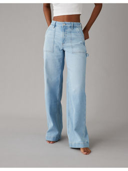 American Eagle - Women Blue Dreamy Drape Stretch Super High-Waisted Baggy Wide-Leg Jeans