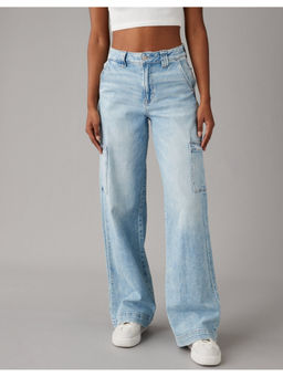 American Eagle - Women Blue Dreamy Drape Stretch Super High-Waisted Cargo Baggy Wide-Leg Jeans