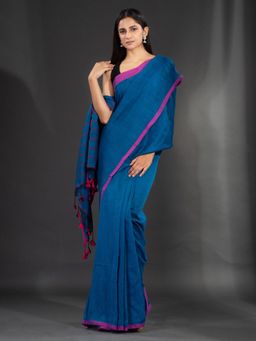 CHARUKRITI - Blue Pure Cotton Hand Woven Soft Saree with Strip in Pallu with Unstitched Blouse