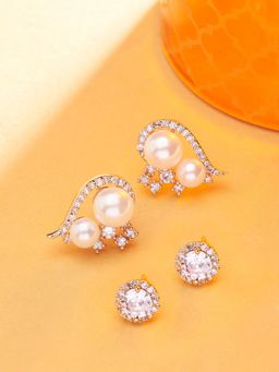Zaveri Pearls - Set of 2 Rose Gold Cubic Zirconia Brass Studs Earrings-ZPFK15126