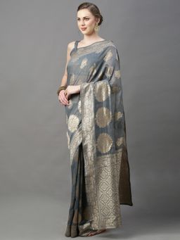 Akhilam - Womens Cotton Silk Grey Woven Design Saree with Unstitched Blouse