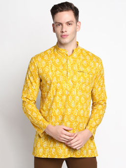 Devoiler - Men Block Printed Yellow Fine Cotton Short Kurta
