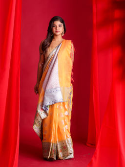 Beatitude - Orange Woven Banarasi Saree with Unstitched Blouse