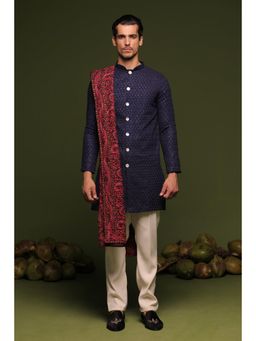 KALPRAAG - Aviral Navy Blue Front Open Kurta & Pant with Dupatta