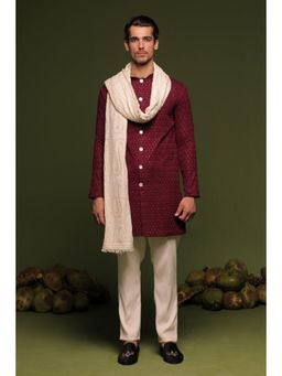 KALPRAAG - Kaidar Maroon Front Open Kurta & Pant with Dupatta