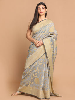 Indethnic - Banarasi Grey Woven Design Work Wear Saree With Unstitched Blouse
