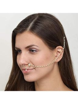 Accessher - Gold Plated Kundan Non-Piercing Nose Ring with Single Pearl Chain, Pack of 1