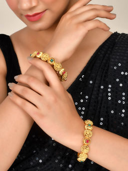 Shoshaa - Set of 2 Gold-Plated Magenta & Green Stone-Studded Bangles