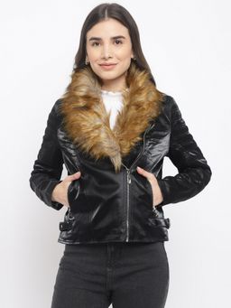 Latin Quarters - Women Black Full Sleeve Leather Jacket with Fur