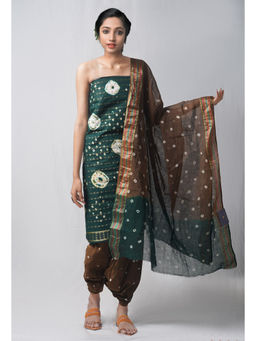 Unnati Silks - Unstitched Dark Green Pure Bandhani Cotton Salwar Kameez (Set of 3)