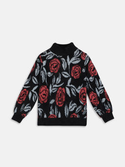 Blue Giraffe - Girls Black Floral Printed Pullover Style Sweater