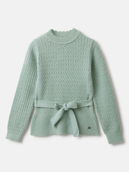 ELLE - Girls Green Self Design Sweater with Belt (Set of 2)