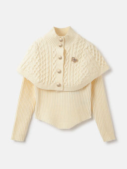 ELLE - Girls Cream Ribbed Sweater with Poncho (Set of 2)