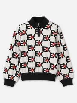 ELLE - Girls White Printed High Neck Full Sleeves Sweater