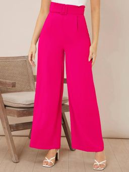 KOTTY - Women's Pink Solid High Waist Trouser with Belt