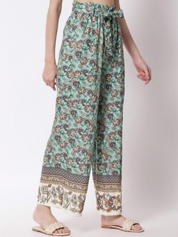 KOTTY - Women's Green Printed High Waist Trouser with Belt