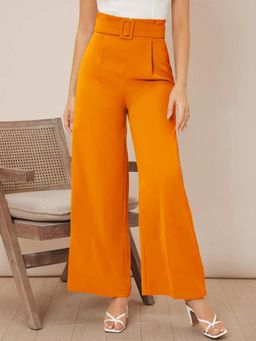KOTTY - Women's Yellow Solid High Waist Trouser