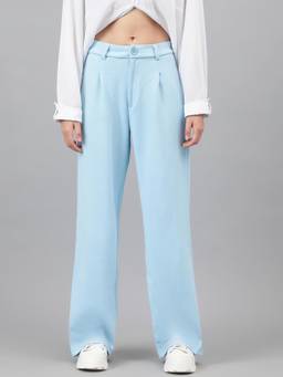 KOTTY - Women's Blue Solid Mid Waist Trouser