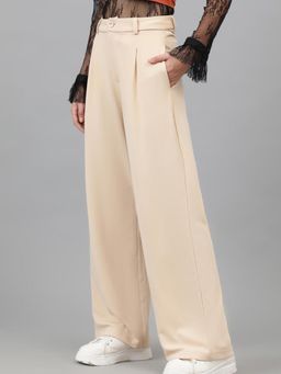 KOTTY - Women's Beige Solid High Waist Trouser
